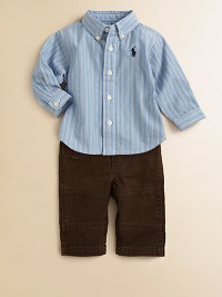 A preppy, tailored button-down is paired with a rugged cargo pant for a polished ensemble that's a little rough around the edges. Shirt Button-down collarLong sleeves with barrel cuffsButton-frontShirttail hem Pants Front button closureRear elasticized waistband with belt loops and grosgrain ribbon beltFaux flyButton-flap cargo pocketsCottonMachine washImported Please note: Number of buttons may vary depending on size ordered. A preppy, tailored button-down is paired with a rugged cargo pant for a polished ensemble that's a little rough around the edges. Shirt Button-down collarLong sleeves with barrel cuffsButton-frontShirttail hem Pants Front button closureRear elasticized waistband with belt loops and grosgrain ribbon beltFaux flyButton-flap cargo pocketsCottonMachine washImported Please note: Number of buttons may vary depending on size ordered.