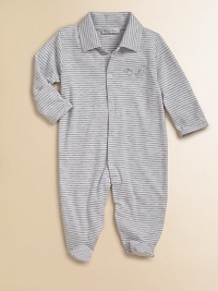 From the Nutkins collection, this striped pima cotton footie is ultra-cozy and ultra-cute with an adorable squirrel embroidery.Shirt collarLong sleeves with mitten cuffsFront snap closureBottom snaps94% pima cotton/6% polyesterMachine washImported Please note: Number of snaps may vary depending on size ordered. From the Nutkins collection, this striped pima cotton footie is ultra-cozy and ultra-cute with an adorable squirrel embroidery.Shirt collarLong sleeves with mitten cuffsFront snap closureBottom snaps94% pima cotton/6% polyesterMachine washImported Please note: Number of snaps may vary depending on size ordered.