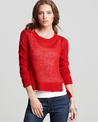 Add a stylish pop to your tried-and-true basics with this crimson-hued sheer knit Aqua sweater with a trend-right high/low hem. Add a stylish pop to your tried-and-true basics with this crimson-hued sheer knit Aqua sweater with a trend-right high/low hem.