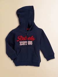 A Fifties look for the littlest rebel in your family, this cozy fleece hoodie will keep him warm on all his escapades.Attached hoodLong sleeves with ribbed cuffsFront appliquésZip closeSplit kangaroo pocketsRibbed bottom 80% cotton/20% polyesterMachine washImported A Fifties look for the littlest rebel in your family, this cozy fleece hoodie will keep him warm on all his escapades.Attached hoodLong sleeves with ribbed cuffsFront appliquésZip closeSplit kangaroo pocketsRibbed bottom 80% cotton/20% polyesterMachine washImported