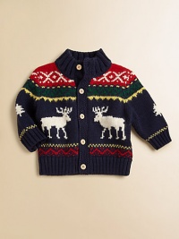 With its classic knit reindeer design, a sweet combed cotton cardigan captures the spirit of the season.Ribbed stand collarLong sleevesButton-frontRibbed cuffs and hemCottonMachine washImported Please note: number of buttons may vary depending on size ordered. 