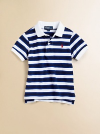 A timelessly preppy short-sleeved polo shirt in lightweight, striped cotton.Shirt collarShort sleevesButton-frontRibbed collar and armbandsUneven vented hemCottonMachine washImported Please note: Number of buttons may vary depending on size ordered. 