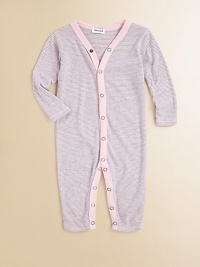A piece both cute and comfy, with allover mini stripes and an easy button front.V-neckLong sleevesFront snap closure50% polyester/25% supima cotton/25% modalMachine washImported A piece both cute and comfy, with allover mini stripes and an easy button front.V-neckLong sleevesFront snap closure50% polyester/25% supima cotton/25% modalMachine washImported