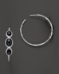 From the Silver collection, three black onyx cameo stones on sterling silver hoops. Designed by Ippolita. From the Silver collection, three black onyx cameo stones on sterling silver hoops. Designed by Ippolita.