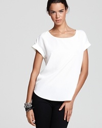 A plain white tee goes glam with this Aqua top, created in a luxe micro crepe with modern rolled sleeves and a cool back keyhole. A plain white tee goes glam with this Aqua top, created in a luxe micro crepe with modern rolled sleeves and a cool back keyhole.