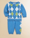 This charming cardigan and pant set is crafted in ultra-soft cotton with a classic argyle print for handsome style. Sweater CrewneckLong sleevesButton-front Pants Elastic waistCottonMachine washImported Please note: Number of buttons may vary depending on size ordered. 