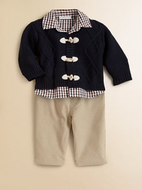 A cool set for the baby prep, featuring a check shirt, toggle sweater and cute corduroy pants. Shirt Point collarButton frontLong sleeves with button cuffsCurved hemPolyester Sweater V-neckToggle closureRibbed trim Pants Pull-on styleCottonMachine washImported Please note: Number of buttons may vary depending on size ordered. 