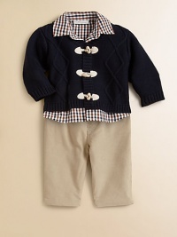 A cool set for the baby prep, featuring a check shirt, toggle sweater and cute corduroy pants. Shirt Point collarButton frontLong sleeves with button cuffsCurved hemPolyester Sweater V-neckToggle closureRibbed trim Pants Pull-on styleCottonMachine washImported Please note: Number of buttons may vary depending on size ordered. A cool set for the baby prep, featuring a check shirt, toggle sweater and cute corduroy pants. Shirt Point collarButton frontLong sleeves with button cuffsCurved hemPolyester Sweater V-neckToggle closureRibbed trim Pants Pull-on styleCottonMachine washImported Please note: Number of buttons may vary depending on size ordered.