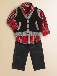 Dress up his look with this contrast trimmed vest in the coziest cotton.Contrast V-neck Front button closure with contrast placket Sleeveless with contrast arm openings Front contrast welt pockets Ribbed hem Cotton Machine wash Imported Please note: Number of buttons may vary depending on size ordered. Dress up his look with this contrast trimmed vest in the coziest cotton.Contrast V-neck Front button closure with contrast placket Sleeveless with contrast arm openings Front contrast welt pockets Ribbed hem Cotton Machine wash Imported Please note: Number of buttons may vary depending on size ordered.
