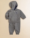 Rendered in luxuriously soft cotton, a hooded sweatshirt and matching athletic pant provide the perfect pairing for lounge or play. Sweatshirt Attached hoodLong sleevesFull-zip frontSplit kangaroo pocketsRibbed hem Sweatpants Elastic waistband with drawstringRibbed hemCottonMachine washImported