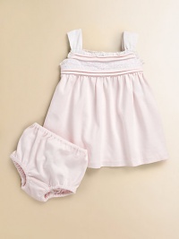 An adorable cotton sundress features pretty lace accents and a ruffle-trimmed neckline.Straight necklineWide woven strapsBack buttonsEmpire waistCottonMachine washImported Please note: Number of buttons may vary depending on size ordered. An adorable cotton sundress features pretty lace accents and a ruffle-trimmed neckline.Straight necklineWide woven strapsBack buttonsEmpire waistCottonMachine washImported Please note: Number of buttons may vary depending on size ordered.