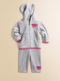 Crafted in ultra-plush velour with Juicy logo and striped cuffs and hem, this charming set will keep baby cozy and stylish. Hoodie Attached hoodLong sleevesFull zip frontRibbed cuffs and hemSplit kangaroo pocket Pants Elastic waistband78% cotton/22% spandexMachine washImported Crafted in ultra-plush velour with Juicy logo and striped cuffs and hem, this charming set will keep baby cozy and stylish. Hoodie Attached hoodLong sleevesFull zip frontRibbed cuffs and hemSplit kangaroo pocket Pants Elastic waistband78% cotton/22% spandexMachine washImported