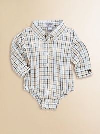 A grown-up dress shirt designed for your little one in soft cotton plaid twill with a snap bottom to keep it in place.Button-down collarButton placketLong sleeves with button cuffs, one with horse embroideryElasticized leg openingsSnap bottomCottonMachine washImported Please note: Number of buttons may vary depending on size ordered. A grown-up dress shirt designed for your little one in soft cotton plaid twill with a snap bottom to keep it in place.Button-down collarButton placketLong sleeves with button cuffs, one with horse embroideryElasticized leg openingsSnap bottomCottonMachine washImported Please note: Number of buttons may vary depending on size ordered.