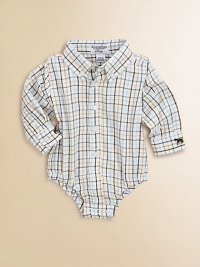 A grown-up dress shirt designed for your little one in soft cotton plaid twill with a snap bottom to keep it in place.Button-down collarButton placketLong sleeves with button cuffs, one with horse embroideryElasticized leg openingsSnap bottomCottonMachine washImported Please note: Number of buttons may vary depending on size ordered. 