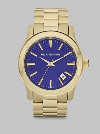 A substantial timepiece that exudes endless style, set in a brushed gold tone stainless steel with a three-hand dial and shiny gold center links.Round bezelWater resistant to 10ATMDate display at 5 o'clock Second handStainless steel case: 45mm(1.77)Stainless steel braceletImported A substantial timepiece that exudes endless style, set in a brushed gold tone stainless steel with a three-hand dial and shiny gold center links.Round bezelWater resistant to 10ATMDate display at 5 o'clock Second handStainless steel case: 45mm(1.77)Stainless steel braceletImported