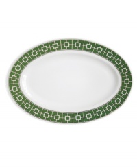 Anything but square, the Nixon platter from Jonathan Adler's collection of serveware and serving dishes shapes things up with a fantastic geo print in green, white and dazzling platinum. Anything but square, the Nixon platter from Jonathan Adler's collection of serveware and serving dishes shapes things up with a fantastic geo print in green, white and dazzling platinum.