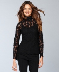 INC turns a basic turtleneck into a thing to behold. This elegant lace version instantly dresses up any outfit. INC turns a basic turtleneck into a thing to behold. This elegant lace version instantly dresses up any outfit.