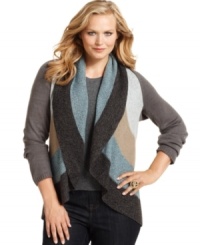 Colorful stripes up the drama on Charter Club's cozy plus size cardigan. The soft, cascading collar makes it ideal for layering. Colorful stripes up the drama on Charter Club's cozy plus size cardigan. The soft, cascading collar makes it ideal for layering.