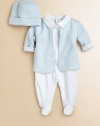 Three-piece gift set includes one button-front, quilted jacket, solid footie with scalloping and rocking horse embroidery and matching quilted hat. Footie Point collarLong sleeves with mitten cuffsBack snapsBottom snaps Jacket CrewneckLong sleevesFront button closurePima cottonMachine washImported Please note: Number of snaps/buttons may vary depending on size ordered. 