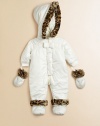 Keep baby safe from the elements and extra toasty in this pearlized nylon ripstop snowsuit with snap-off hood, mittens and booties featuring faux fur trim.Zip-off hood with faux fur trimStand collarLong sleeves with snap-off mittensPartially concealed zip-front and backRibbed cuffs and hemSnap-off booties with faux fur trimFully linedNylonMachine washImported Please note: Number of snaps may vary depending on size ordered. 