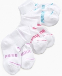 Keep her tootsies toasty with these quarter-crew kids socks from PUMA. Keep her tootsies toasty with these quarter-crew kids socks from PUMA.