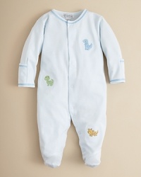 A delightful dino print footie from Kissy Kissy, crafted in the softest pima cotton for a completely cozy playtime style. A delightful dino print footie from Kissy Kissy, crafted in the softest pima cotton for a completely cozy playtime style.