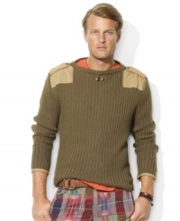Crafted in a comfortable ribbed knit from soft, cashmere-like cotton, a handsome crewneck sweater channels rugged military styling with shoulder epaulets and soft chino twill patchwork. Crafted in a comfortable ribbed knit from soft, cashmere-like cotton, a handsome crewneck sweater channels rugged military styling with shoulder epaulets and soft chino twill patchwork.