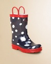 She'll love stomping in puddles when she pulls on these adorable rubber boots with a soft jersey lining, snowballs and handles for easy on and off.Rubber upperCotton liningRubber soleImported