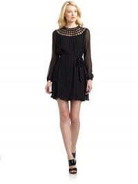 THE LOOKLattice beadwork adorns the yokePlissé chiffon bodySheer long sleevesSelf tie-waistBack zipperTHE FITAbout 37 from shoulder to hemTHE MATERIALPolyesterCARE & ORIGINDry cleanImportedModel shown is 5'10 (177cm) wearing US size 4. THE LOOKLattice beadwork adorns the yokePlissé chiffon bodySheer long sleevesSelf tie-waistBack zipperTHE FITAbout 37 from shoulder to hemTHE MATERIALPolyesterCARE & ORIGINDry cleanImportedModel shown is 5'10 (177cm) wearing US size 4.