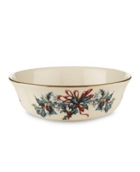 For nearly 150 years, Lenox has been renowned throughout the world as a premier designer and manufacturer of fine tableware. This year, begin a cherished holiday tradition with the festive Winter Greetings dinnerware collection. Its resplendent pattern of red and gold bows accented with sprigs of holly is fresh and lively on snowy white china, making your entertaining table a bountiful expression of holiday cheer. For nearly 150 years, Lenox has been renowned throughout the world as a premier designer and manufacturer of fine tableware. This year, begin a cherished holiday tradition with the festive Winter Greetings dinnerware collection. Its resplendent pattern of red and gold bows accented with sprigs of holly is fresh and lively on snowy white china, making your entertaining table a bountiful expression of holiday cheer.