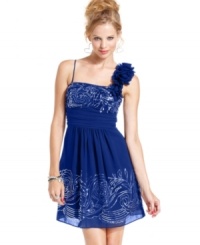From the sparkly, sequin design to the bloom of rosettes at the shoulder strap, cute details define this a-line party dress from Jump! From the sparkly, sequin design to the bloom of rosettes at the shoulder strap, cute details define this a-line party dress from Jump!