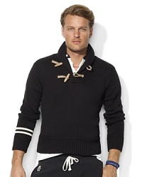 A handsome pullover in ribbed-knit cotton exudes heritage style with a refined shawl collar and rustic rope-and-toggle closures. A handsome pullover in ribbed-knit cotton exudes heritage style with a refined shawl collar and rustic rope-and-toggle closures.