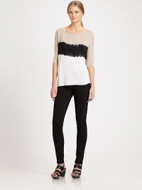 Dip-dyed colorblock highlight soft stretch jersey in this easy scoopneck tee.ScoopneckThree-quarter sleevesPullover styleAbout 24 from shoulder to hem94% rayon/6% spandexDry cleanMade in USAModel shown is 5'11 (180cm) wearing US size Small. Dip-dyed colorblock highlight soft stretch jersey in this easy scoopneck tee.ScoopneckThree-quarter sleevesPullover styleAbout 24 from shoulder to hem94% rayon/6% spandexDry cleanMade in USAModel shown is 5'11 (180cm) wearing US size Small.