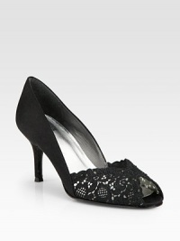 Exquisite chantilly lace is highlighted by tonal Swarovski crystal detail in a classic peep-toe design. Self-covered heel, 2½ (65mm)Chantilly lace upperSwarovski crystal detailLeather lining and solePadded insoleImported Exquisite chantilly lace is highlighted by tonal Swarovski crystal detail in a classic peep-toe design. Self-covered heel, 2½ (65mm)Chantilly lace upperSwarovski crystal detailLeather lining and solePadded insoleImported
