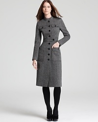 A military-inspired Burberry London tweed coat marries fashion and function for the ultimate in high style. Cinched at the waist, the figure-flattering silhouette embraces the season's feminine trend with a modern sensibility. A military-inspired Burberry London tweed coat marries fashion and function for the ultimate in high style. Cinched at the waist, the figure-flattering silhouette embraces the season's feminine trend with a modern sensibility.