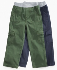 He can take himself on adventures with all the necessary tools thanks to the roomy storage on these cargo pants from Flapdoodles. He can take himself on adventures with all the necessary tools thanks to the roomy storage on these cargo pants from Flapdoodles.