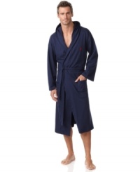 Rendered in thick jersey-knit cotton for a cozy, relaxed fit, a classic hooded robe is given a preppy update with a rowing-inspired print. Rendered in thick jersey-knit cotton for a cozy, relaxed fit, a classic hooded robe is given a preppy update with a rowing-inspired print.