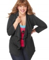 Add a stylish layer to your look with ING's three-quarter sleeve plus size cardigan, featuring a draped front.