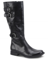 Buckled up and ready to go. The straps along the shaft of Born's Attila boots has a slight sheen that makes this style seem coolor than most. Buckled up and ready to go. The straps along the shaft of Born's Attila boots has a slight sheen that makes this style seem coolor than most.
