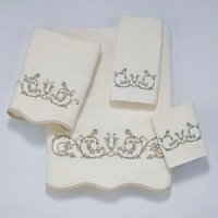 Luxurious sheared velour towel is embellished with a beautiful embroidered scroll motif. Finished with scalloped edge trimmed in coordinating gold. Luxurious sheared velour towel is embellished with a beautiful embroidered scroll motif. Finished with scalloped edge trimmed in coordinating gold.