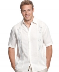 Start your day with a laid-back look and keep the good vibes going with this linen-blend shirt from Cubavera. Start your day with a laid-back look and keep the good vibes going with this linen-blend shirt from Cubavera.