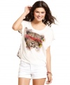 Add a fierce tee to your collection! Sheer lace adorns the back of this fab cheetah-print top by BeBop.