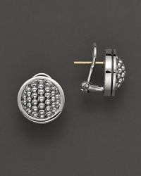 Silver framed signature cavier bead, circle stud earring. Post with clip back for pierced ears. Designed by Lagos.