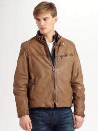 Smooth, refined rendition of an outerwear staple, shaped in washed leather for a gently-worn feel.Zip frontStand collarChest, waist zip pocketsFully linedAbout 25 from shoulder to hemLeatherDry cleanImported Smooth, refined rendition of an outerwear staple, shaped in washed leather for a gently-worn feel.Zip frontStand collarChest, waist zip pocketsFully linedAbout 25 from shoulder to hemLeatherDry cleanImported