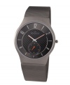 Ready to withstand the elements, this titanium design by Skagen Denmark emanates contemporary appeal. Titanium mesh bracelet and round case. Gray carbon fiber dial features numerals and stick indices at markers, orange-accented second subdial at six o'clock, luminous orange hour and minute hands and logo at twelve o'clock. Quartz movement. Water resistant to 30 meters. Limited lifetime warranty.