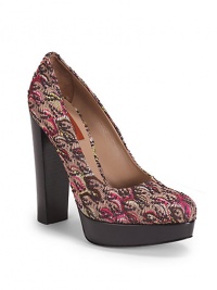 THE LOOKScallop dot patterned fabric upperAlmond toePadded insoleStacked chunky heel, 5 (125mm)Stacked platform, 1 (25mm)Compares to a 4 heel (100mm)THE MATERIALSignature bold patterned fabric upperLeather liningLeather soleORIGINMade in Italy THE LOOKScallop dot patterned fabric upperAlmond toePadded insoleStacked chunky heel, 5 (125mm)Stacked platform, 1 (25mm)Compares to a 4 heel (100mm)THE MATERIALSignature bold patterned fabric upperLeather liningLeather soleORIGINMade in Italy