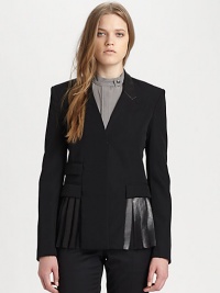 Slim-fitting blazer modernized by a seamed collar, hidden closures and raw-edge leather pleats that form a peplum-like silhouette. Seamed collarLong sleevesHidden closuresFront flap pocketsAbout 26 from shoulder to hem50% wool/50% polyester with leather trimDry clean with leather specialistImported of Italian fabricModel shown is 5'10 (177cm) wearing US size 2. Slim-fitting blazer modernized by a seamed collar, hidden closures and raw-edge leather pleats that form a peplum-like silhouette. Seamed collarLong sleevesHidden closuresFront flap pocketsAbout 26 from shoulder to hem50% wool/50% polyester with leather trimDry clean with leather specialistImported of Italian fabricModel shown is 5'10 (177cm) wearing US size 2.