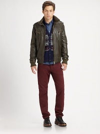 A butter-soft Italian leather jacket with military-inspired epaulettes, ribbed-knit trim and a plethora of zipper pockets.Stand collarFront zipperEpaulettesZippered pocketsRibbed-knit detailsBack yokeAbout 27 from shoulder to hemLeatherDry clean by leather specialistImported of Italian fabric A butter-soft Italian leather jacket with military-inspired epaulettes, ribbed-knit trim and a plethora of zipper pockets.Stand collarFront zipperEpaulettesZippered pocketsRibbed-knit detailsBack yokeAbout 27 from shoulder to hemLeatherDry clean by leather specialistImported of Italian fabric