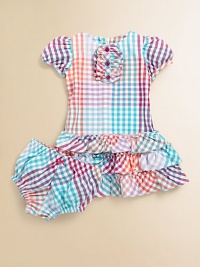 A spectacular frock in a rainbow of colors with a ruffled hem and matching bloomers for a simply sunny ensemble.JewelneckShort puffed sleevesBack zipperDrop-waistTiered ruffled hemCottonMachine washImported A spectacular frock in a rainbow of colors with a ruffled hem and matching bloomers for a simply sunny ensemble.JewelneckShort puffed sleevesBack zipperDrop-waistTiered ruffled hemCottonMachine washImported
