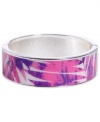 Channel the exoticism and energy of Brasil in Haskell's inspired skinny bangle. The Palm bangle features a pink and purple palm leaf print design, set in silver tone mixed metal with a hinge clasp. Approximate diameter: 2-1/2 inches. Approximate length: 8 inches. Item comes packaged in a pink gift box.